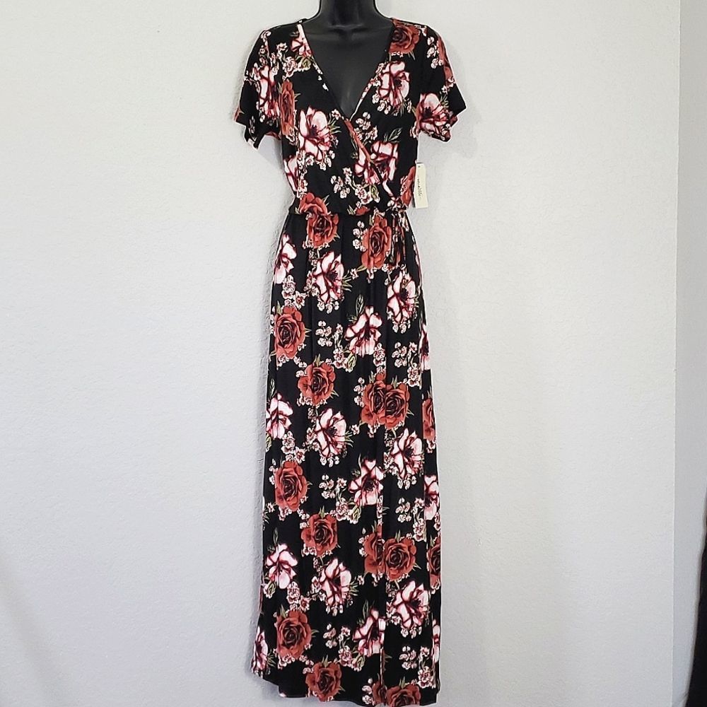 COPY - Women's V-Neck Floral Maxi Long Dress w/ Side Tie - Picture 2 of 7